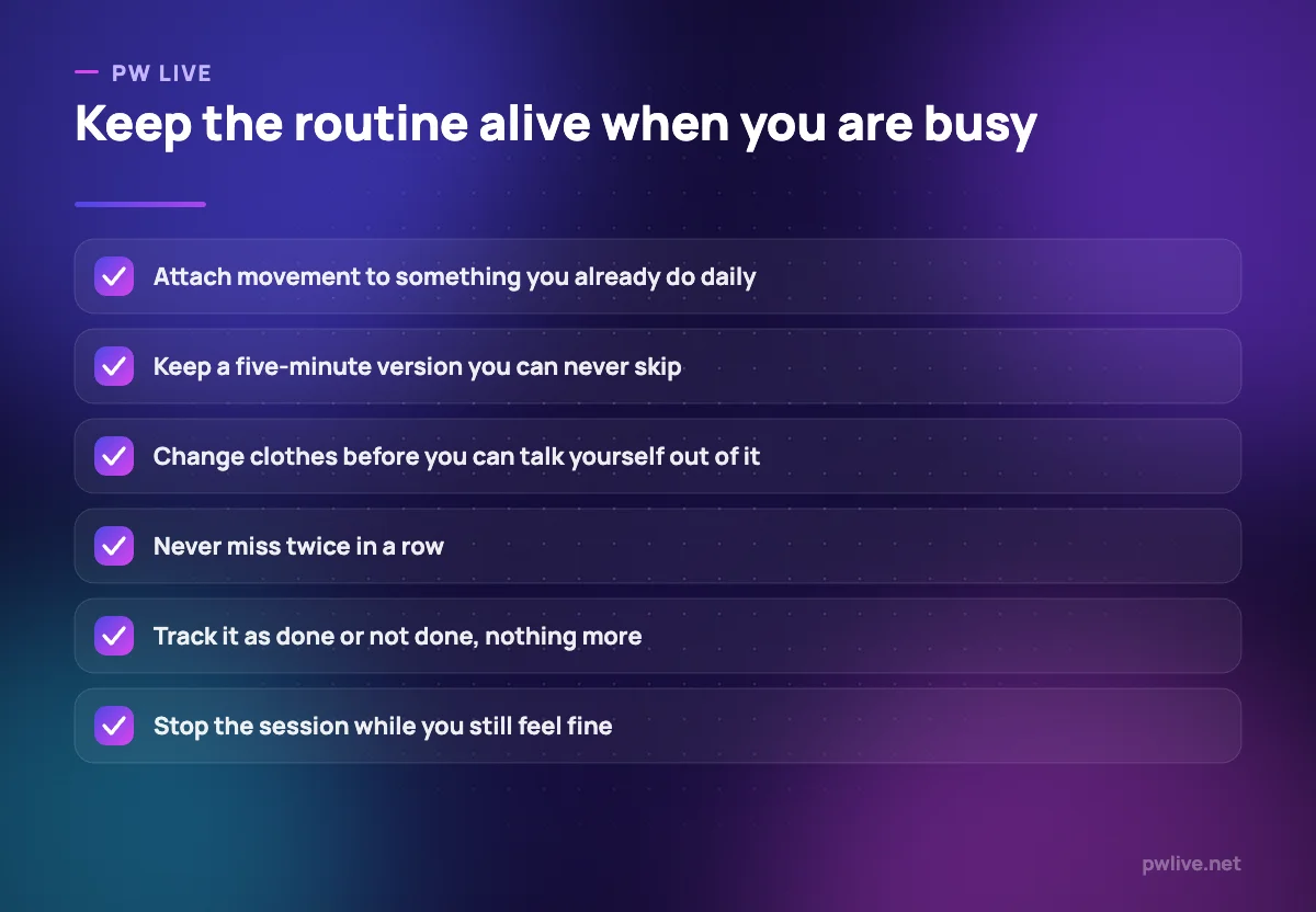 Checklist for maintaining an exercise habit during busy exam periods.