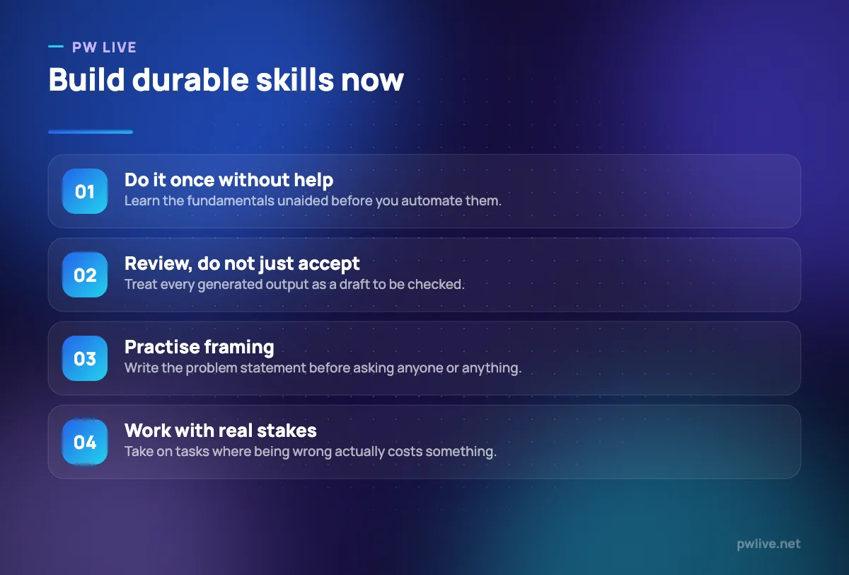 Four numbered steps for building skills that remain valuable alongside AI tools.