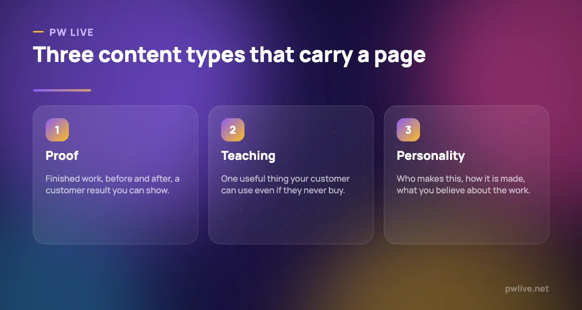 Three pillars of small business social content: proof, teaching and personality.