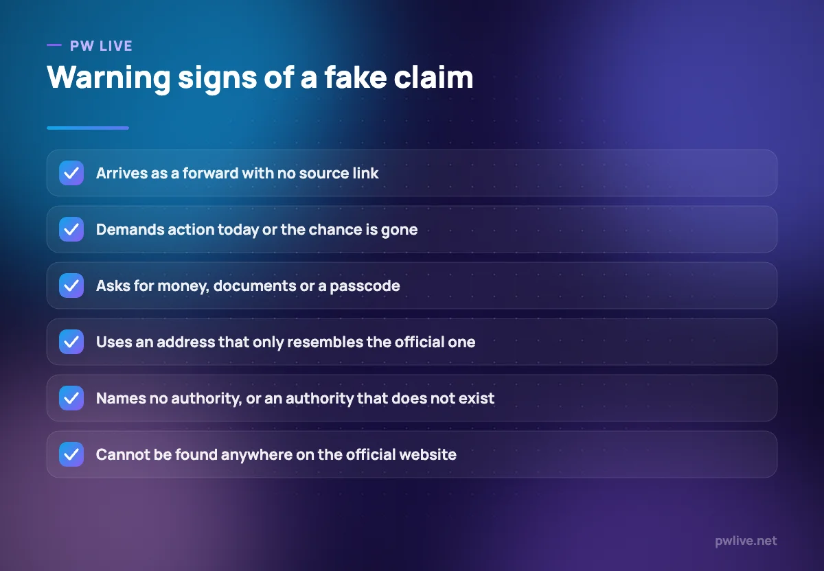 Checklist of six warning signs that an exam or admission claim is false.