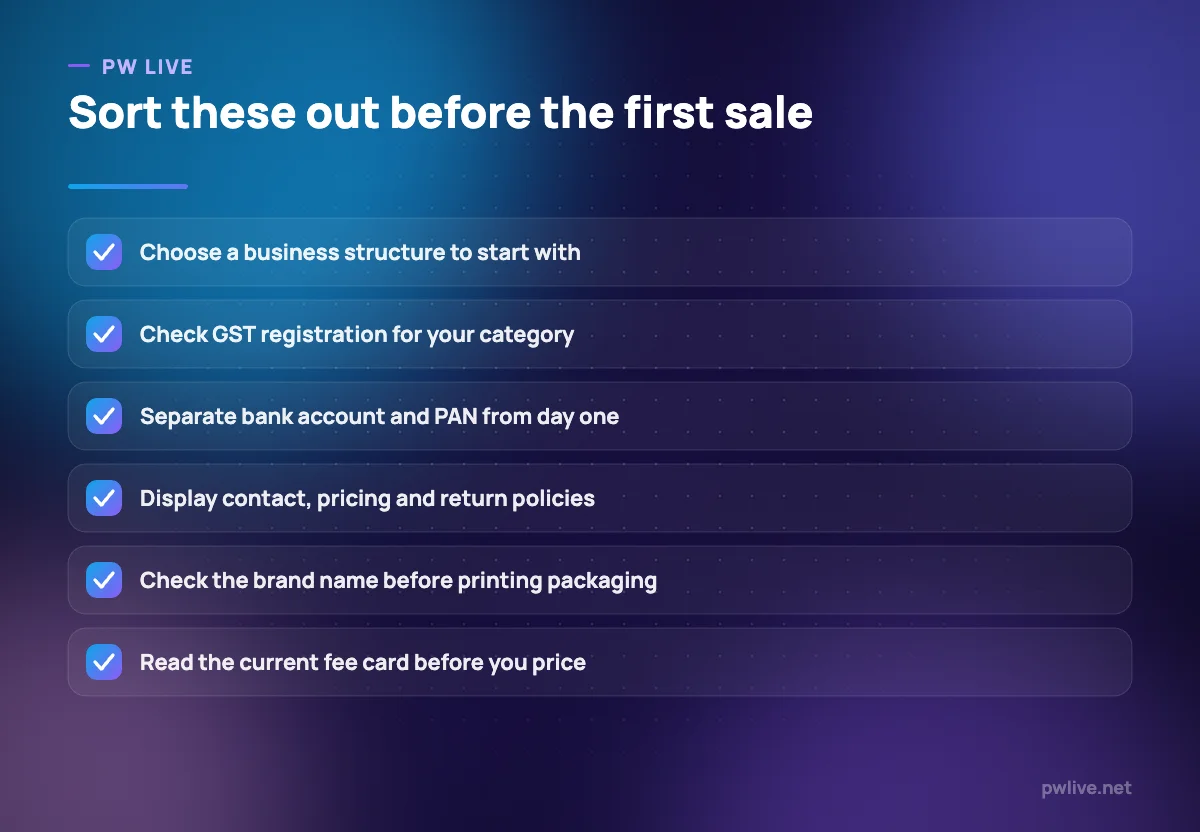 Checklist of six legal and financial basics for selling online in India.