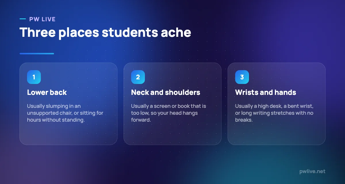Three common study pain areas: lower back, neck and shoulders, wrists and hands.