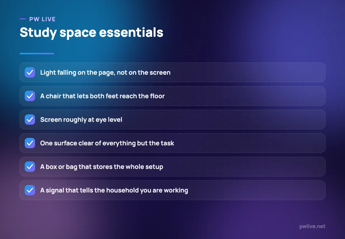 Checklist of six essentials for a study space in a small home.