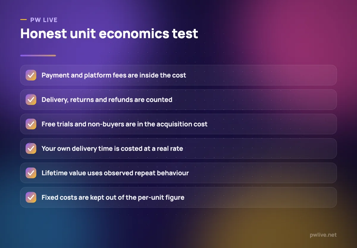 Checklist of six checks for honest unit economics.