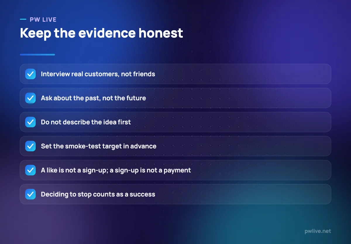 Checklist of six rules for collecting honest evidence during idea validation.