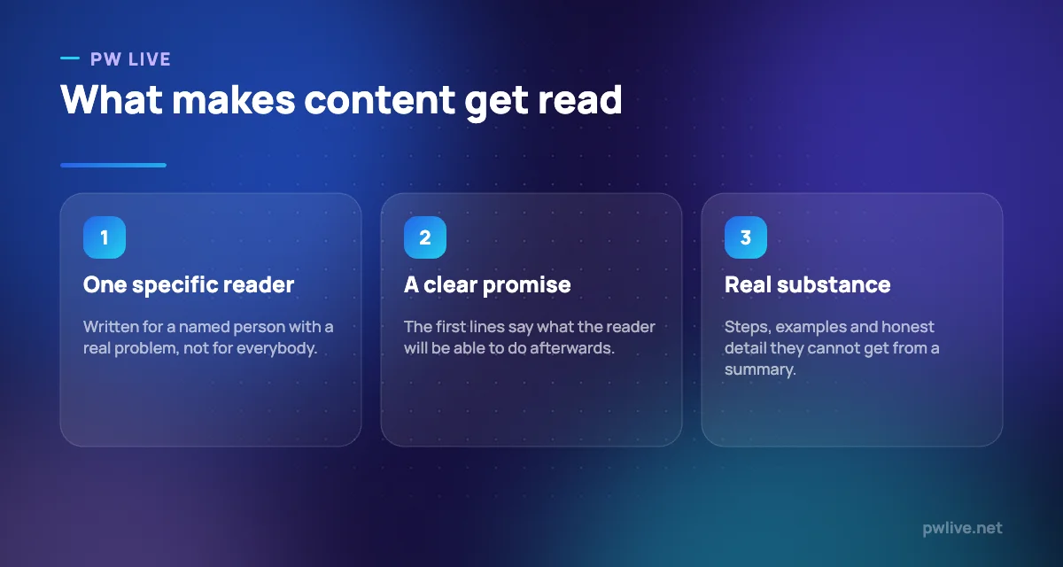 Three pillars of readable content: a specific reader, a clear promise and real substance.